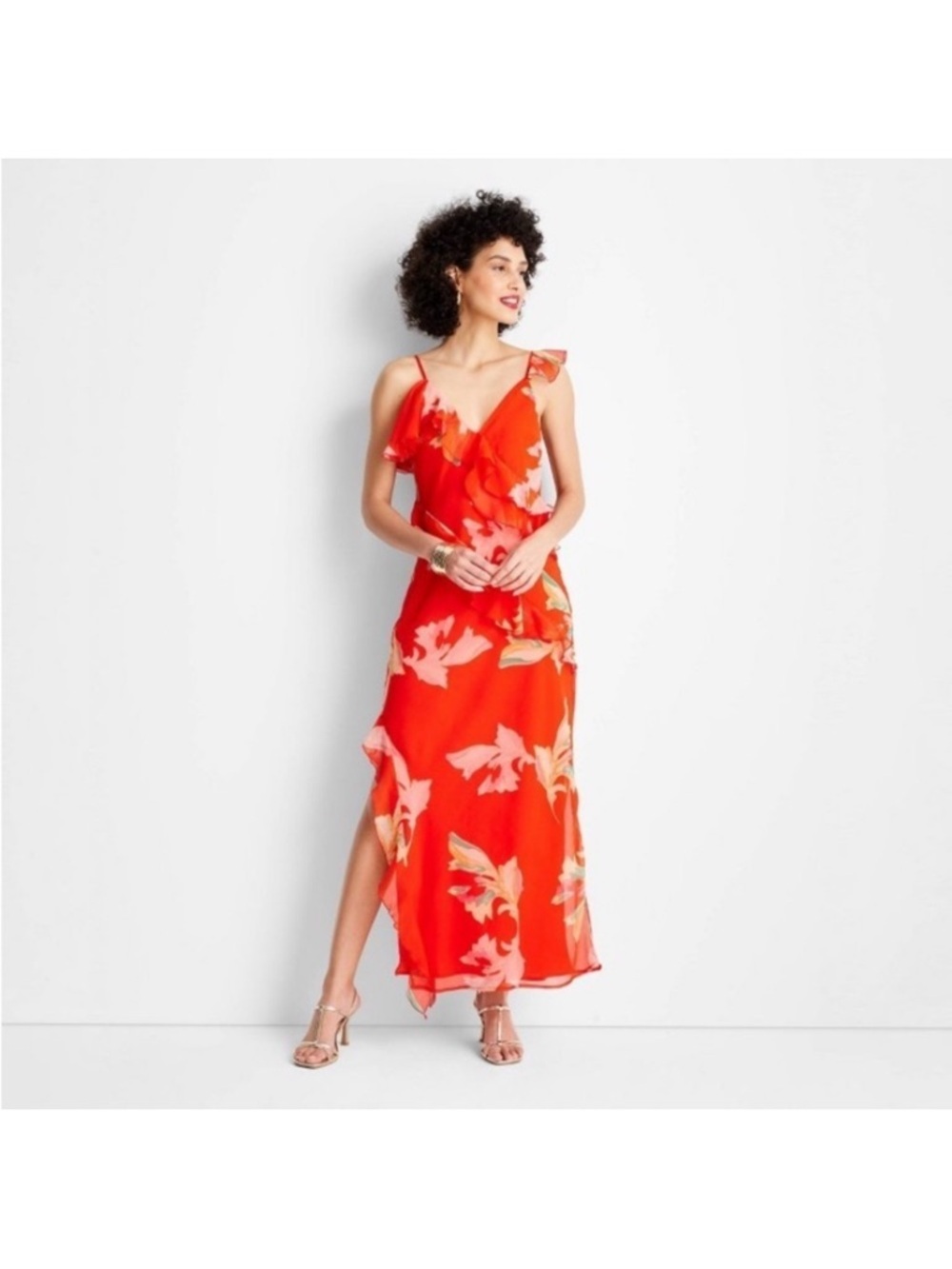 Sleeveless Red Floral Maxi Slip Dress with Ruffle Detail